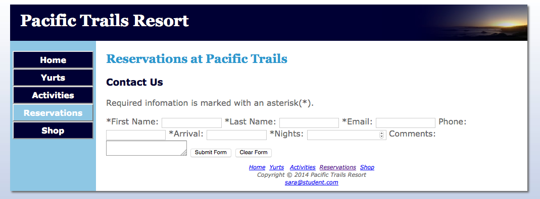 Reservation Form before CSS