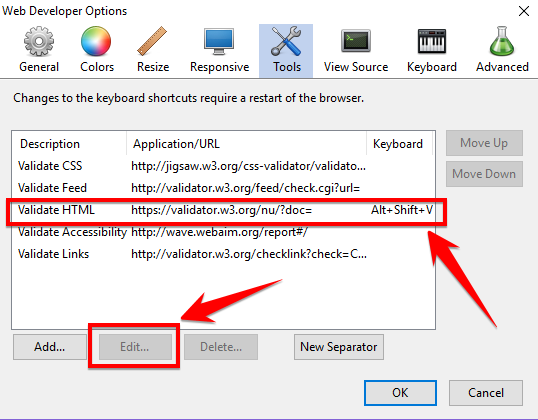 toolbar screenshot to edit default links